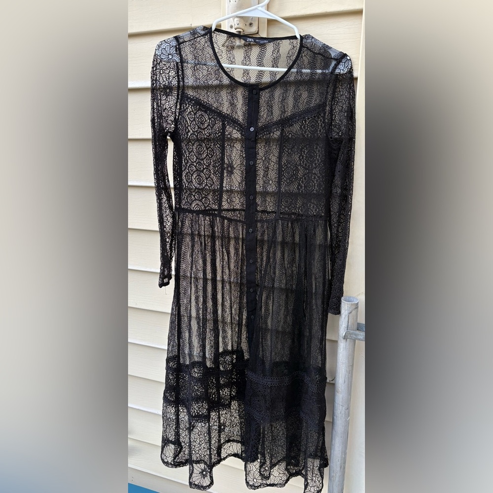 Zara Black Sheer Lace Long Sleeve Dress